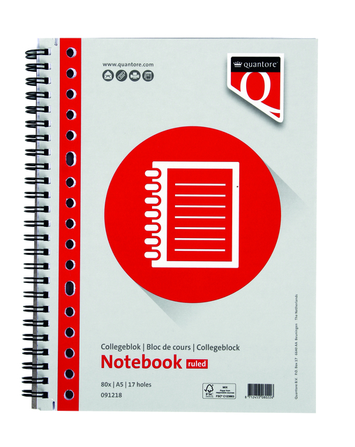 Collegeblok Quantore A5 lijn 17-gaats 160 pagina's 70gr