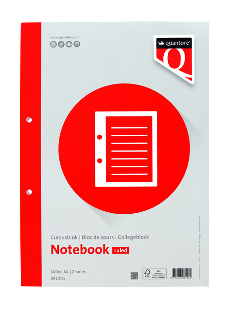 Cursusblok Quantore A4 lijn met kantlijn 200 pagina's 80gr