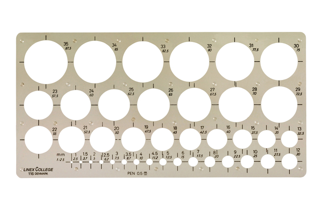 Cirkelsjabloon Linex 39 cirkels met inktvoetjes 1-35mm grijs