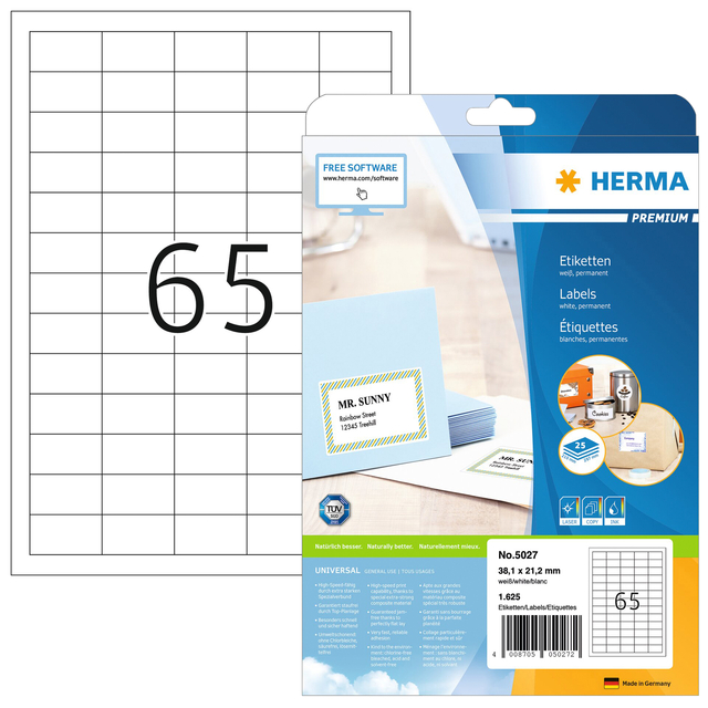 Etiket HERMA 5027 38.1x21.2mm premium wit 1625 stuks