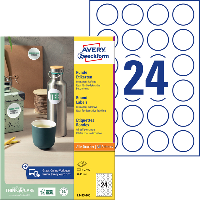 Etiket Avery L3415 rond 40mm wit 2400 stuks — Foto 2 von 2