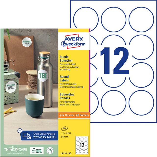 Etiket Avery L3416 rond 60mm wit 1200 stuks — Foto 2 von 2