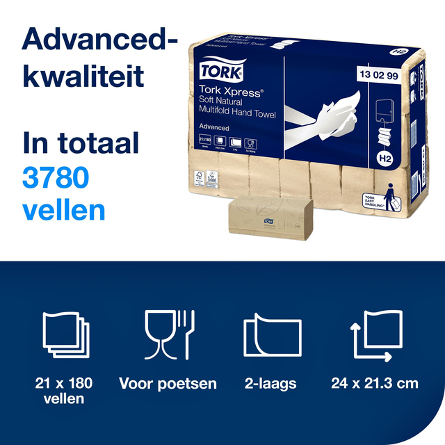 Handdoek Tork H2 Xpress Advanced multifold 2-laags 213x240mm 21x180 vel naturel 130299 — Photo 2 sur 2
