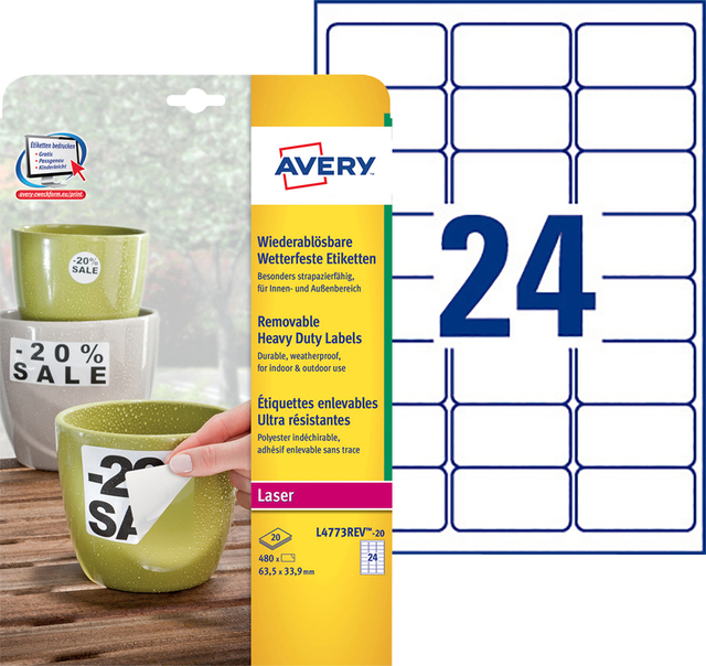 Etiket Avery L4773REV-20 63.5x33.9mm wit 480 stuks — Foto 2 von 2