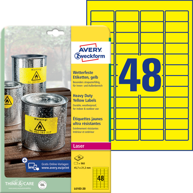 Etiket Avery L6103-20 45.7x21.2mm geel 960 stuks — Photo 2 sur 2