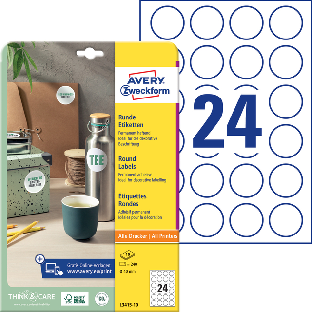 Etiket Avery L3415-10 rond 40mm wit 240 stuks — Photo 2 sur 2