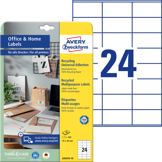 Etiket Avery LR3475-10 70x36mm recycled wit 240 stuks — Foto 2 von 2