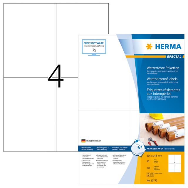 Etiket HERMA 10773 105x148mm weerbestendig wit 320 stuks