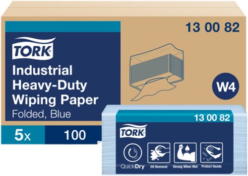 Reinigingsdoek Tork W4 Premium Industrial Heavy-Duty gevouwen 3-laags 5x100 vel blauw 130082