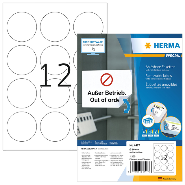 Etiket HERMA 4477 60mm verwijderbaar wit 1200 stuks