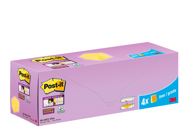 Memoblok 3M Post-it 654-SSCY Super Sticky 76x76mm geel voordeelpak — Photo 2 sur 2