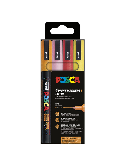 Paintmarker Uni POSCA PC3M fijn glitter warm assorti set à 4 stuks