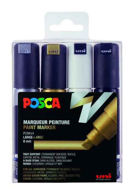 Paintmarker Uni POSCA PC8K breed schuin assorti set à 4 stuks