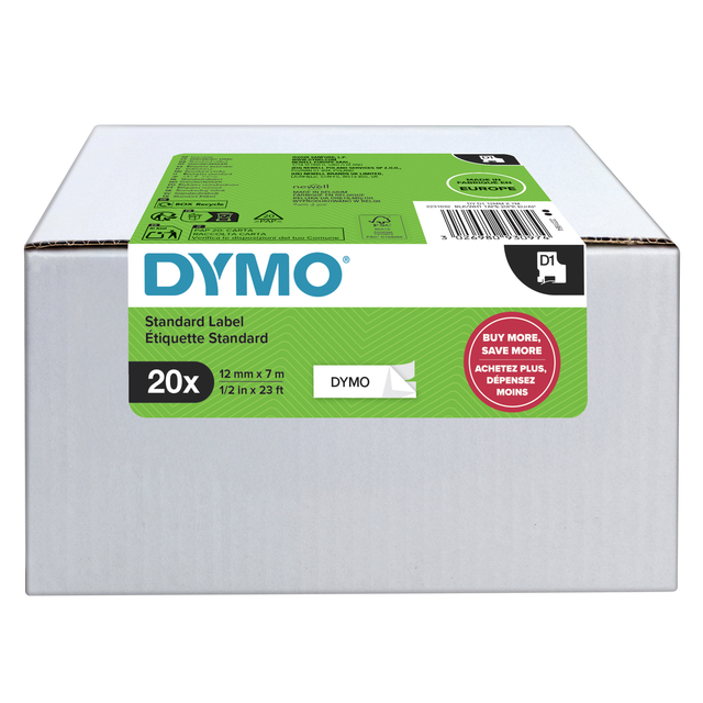 Labeltape Dymo LabelManager D1 polyester 12mmx7m zwart op wit 20 stuks