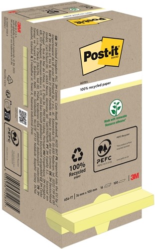 Memoblok Post-it 654 76x76mm recycled pastel geel 16 stuks