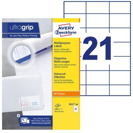 Etiket Avery 3652-200 70x42.3mm wit 4200 stuks