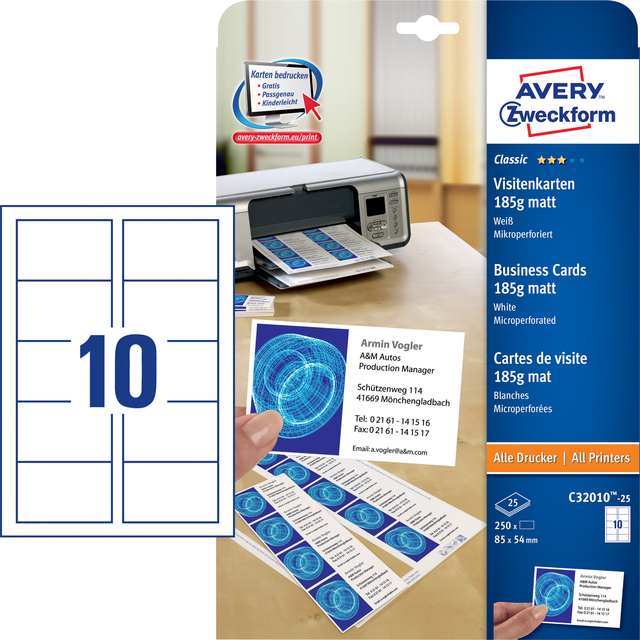 Visitekaart Avery Zweckform C32010-25 85x54mm 185gr 250stuks — Foto 2 von 2