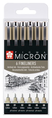 Fineliner Sakura Pigma Micron set à 6 schrijfbreedtes zwart