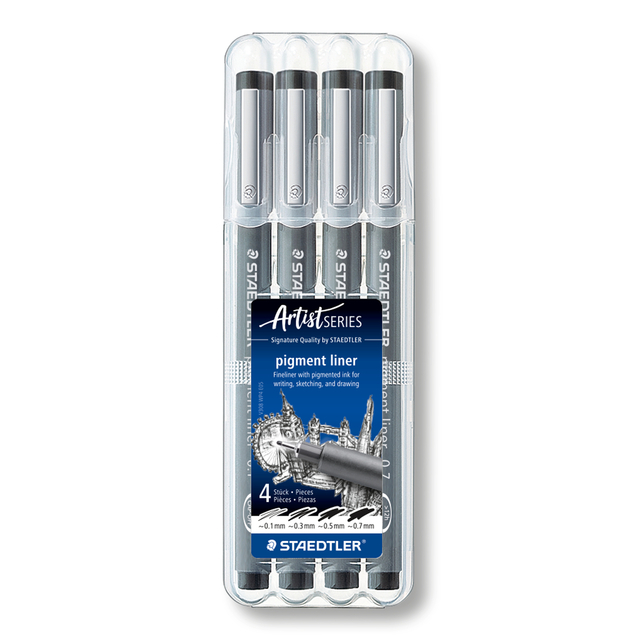 Fineliner Staedtler Pigment 308 zwart set 4 stuks