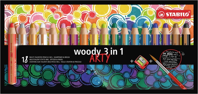 Kleurpotloden STABILO 880 woody 3 in 1 Arty incl puntenslijper en penseel assorti etui  à 18 stuks