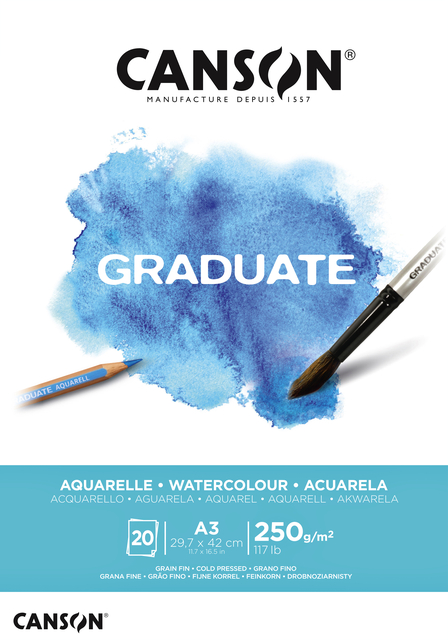 Aquarelpapier Canson Graduate Watercolour 20vel 250gr A3 natuurlijk wit
