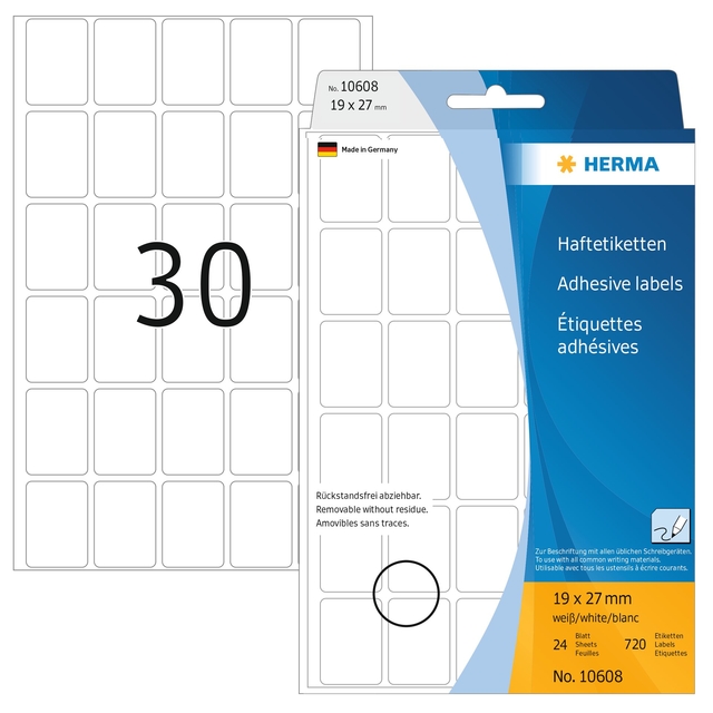 Etiket HERMA 10608 19x27mm verwijderbaar wit 720 stuks