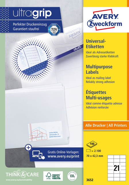 Etiket Avery 3652 70x42.3mm wit 2100 stuks