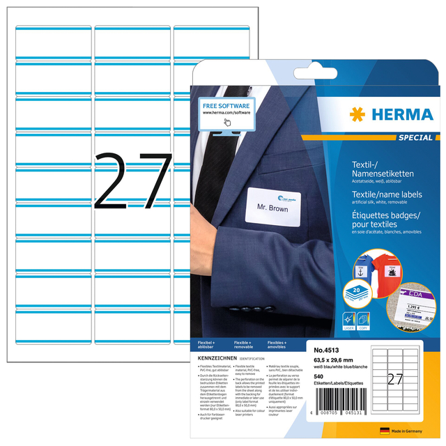 Naambadge etiket HERMA 4513 63.5x29.6mm wit/blauw 540 stuks