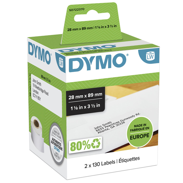 Etiket Dymo LabelWriter adressering 28x89mm 2 rollen á 130 stuks wit — Photo 2 sur 3