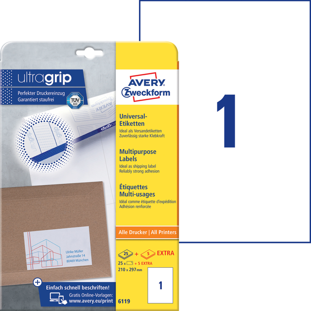 Etiket Avery 6119 210x297mm A4 wit 25 stuks — Foto 2 van 2
