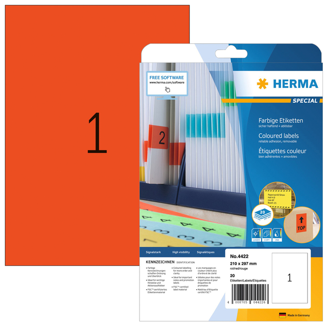 Etiket HERMA 4422 210x297mm A4 verwijderbaar rood 20 stuks