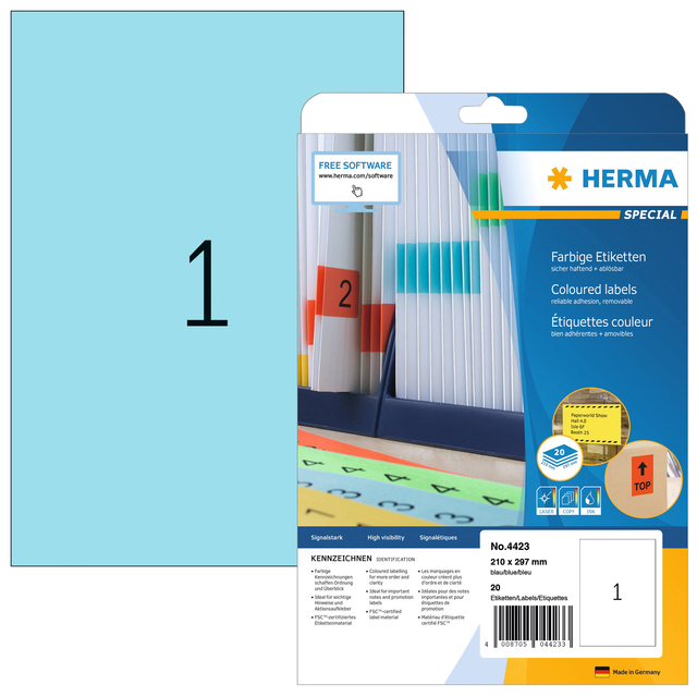 Etiket HERMA 4423 210x297mm A4 verwijderbaar blauw 20 stuks
