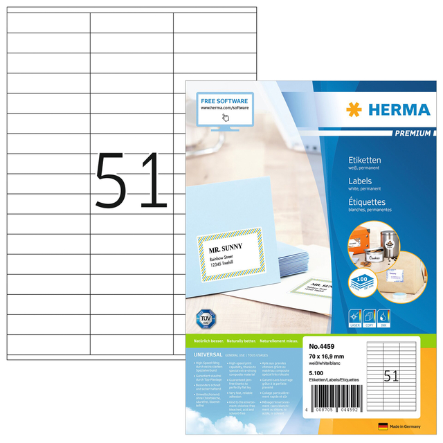 Etiket HERMA 4459 70x16.9mm premium wit 5100 stuks