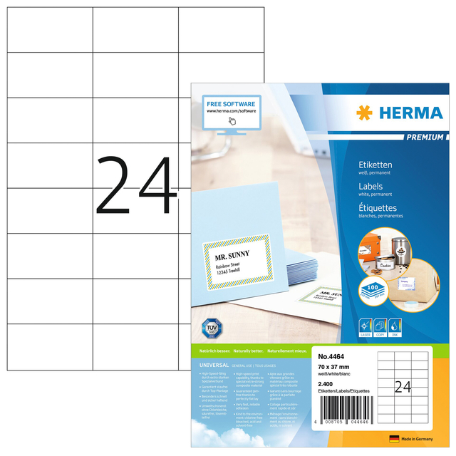 Etiket HERMA 4464 70x37mm premium wit 2400 stuks