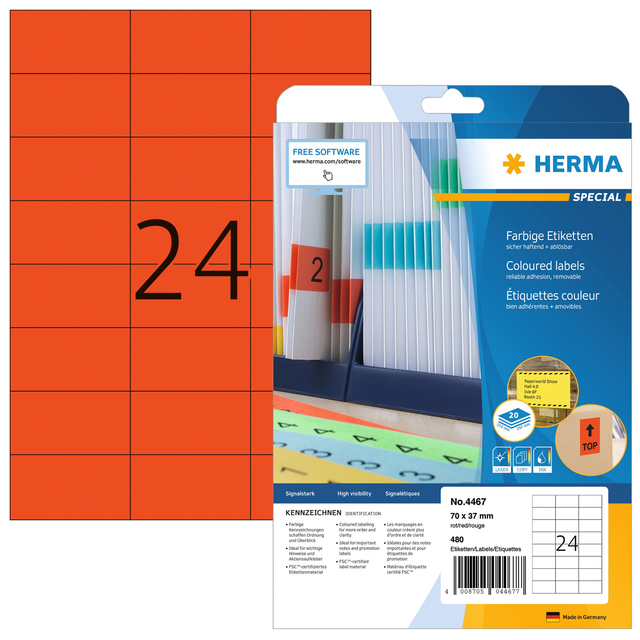 Etiket HERMA 4467 70x37mm verwijderbaar rood 480 stuks