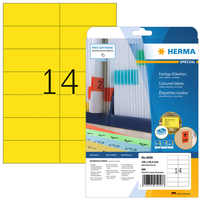Etiket HERMA 5058 105x42.3mm verwijderbaar geel 280 stuks