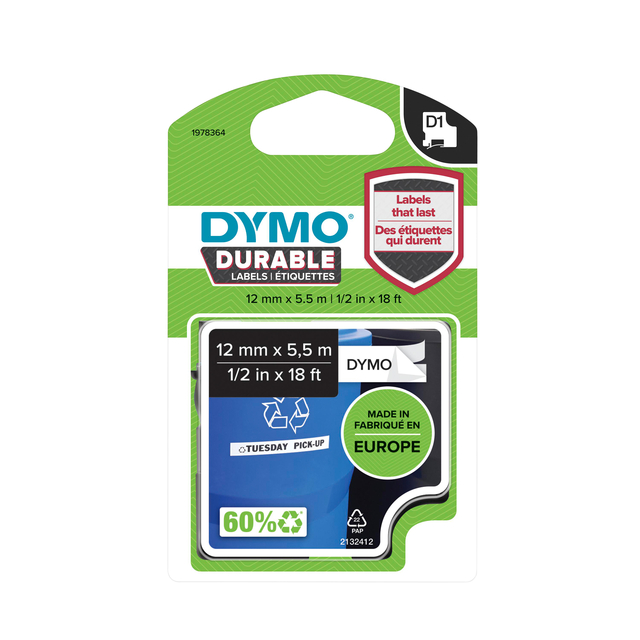 Labeltape Dymo LabelManager D1 polyester 12mm duurzaam zwart op wit — Photo 2 sur 3