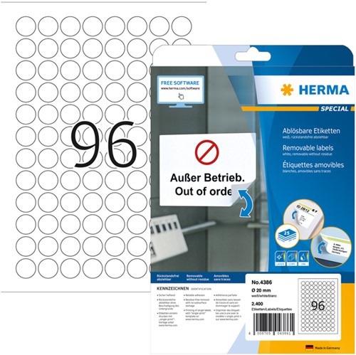 Etiket HERMA 4386 20mm verwijderbaar wit 2400 stuks