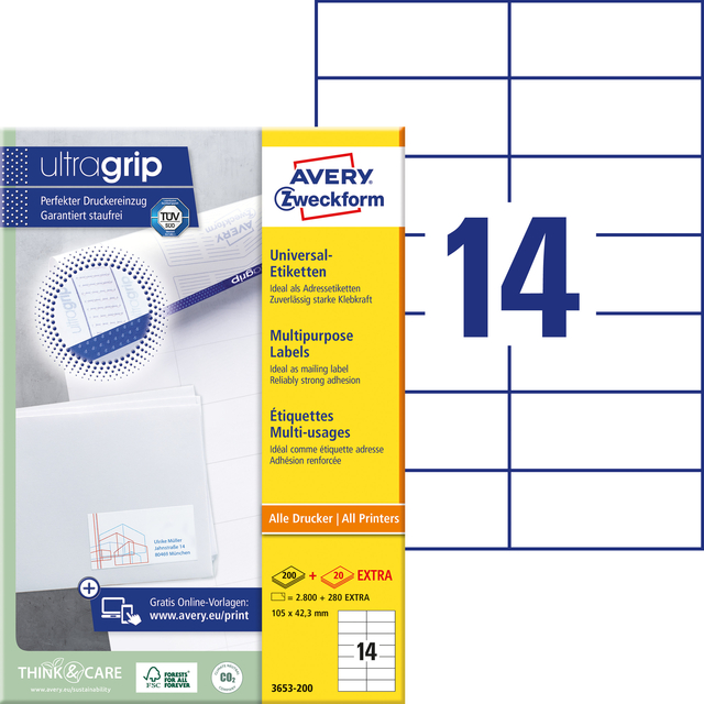 Etiket Avery 3653-200 105x42.3mm wit 2800 stuks — Foto 2 von 2