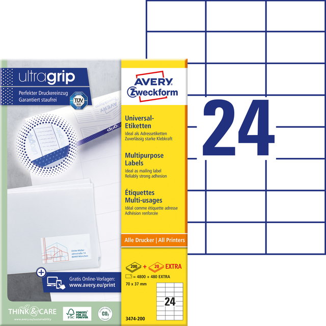 Etiket Avery 3474-200 70x37mm wit 4800 stuks — Foto 2 van 2