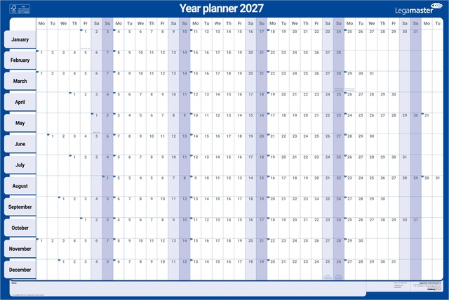 Jaarplanner 2027 Legamaster 90x60cm horizontaal gelamineerd en oprolbaar Engelstalig — Foto 2 von 3