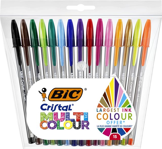 Balpen Bic Cristal large multicolour assorti 15 stuks