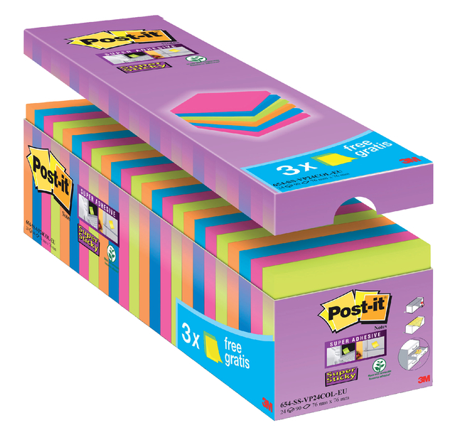 Memoblok Post-it 654 Super Sticky 76x76mm 21+3 gratis assorti — Foto 2 von 2