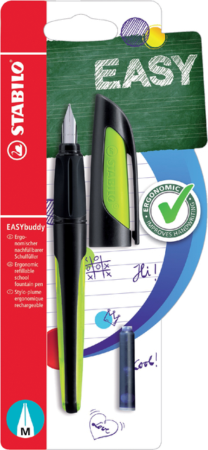 Vulpen STABILO Easybuddy rechtshandig M zwart/lime blister à 1 stuk