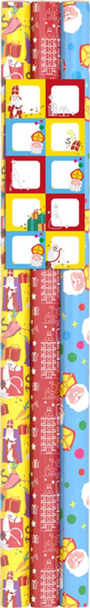 Inpakpapier Sint 200x70cm set à 3 rollen + stickervel met 10 etiketten assorti